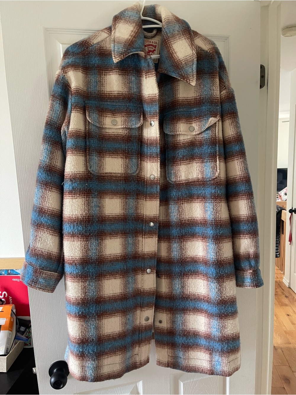 Levi's Cream, Blue & Brown Plaid Long Jacket